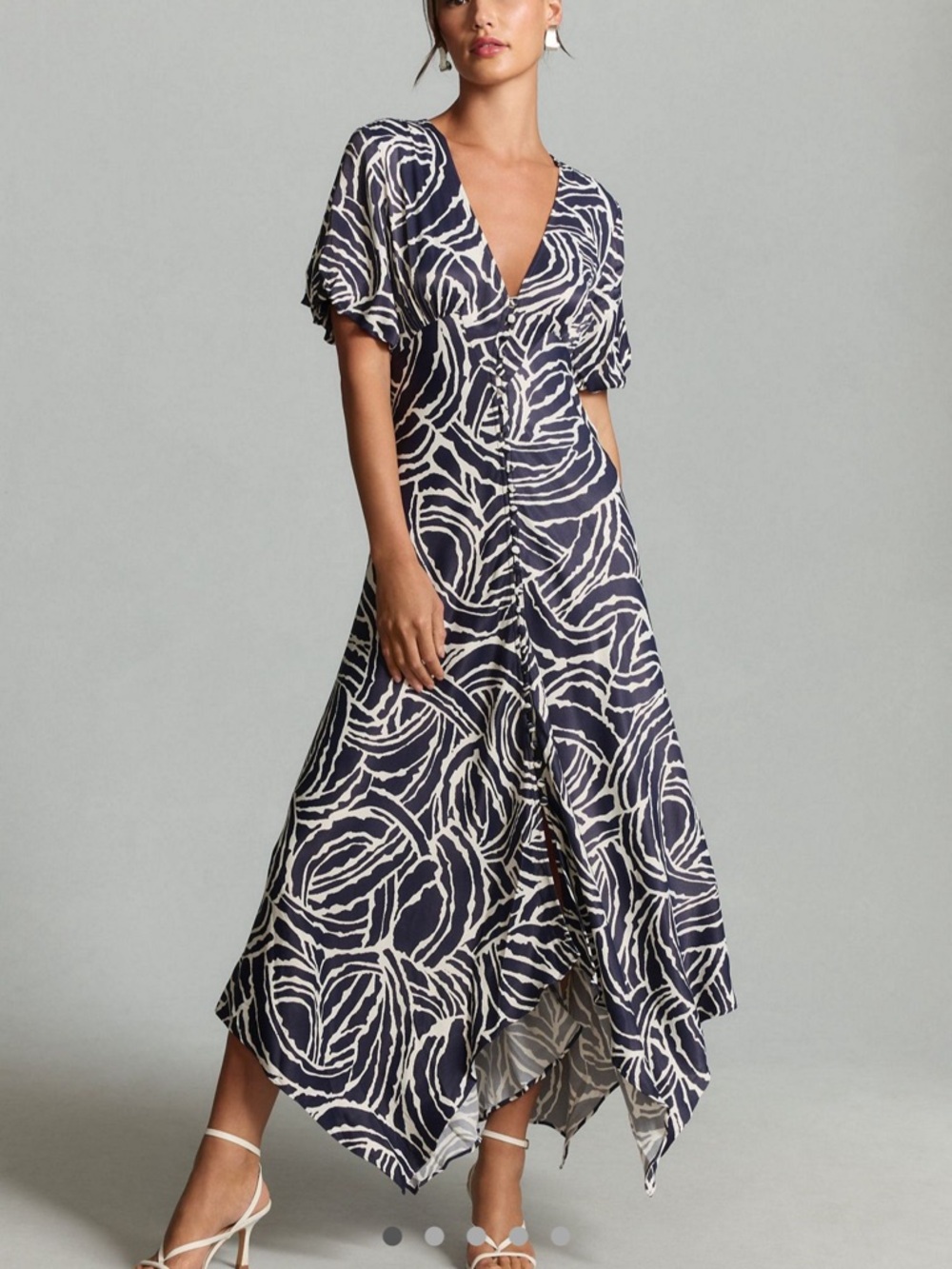 Anthropologie Navy and Cream Asymmetrical Button-Front Midi Dress